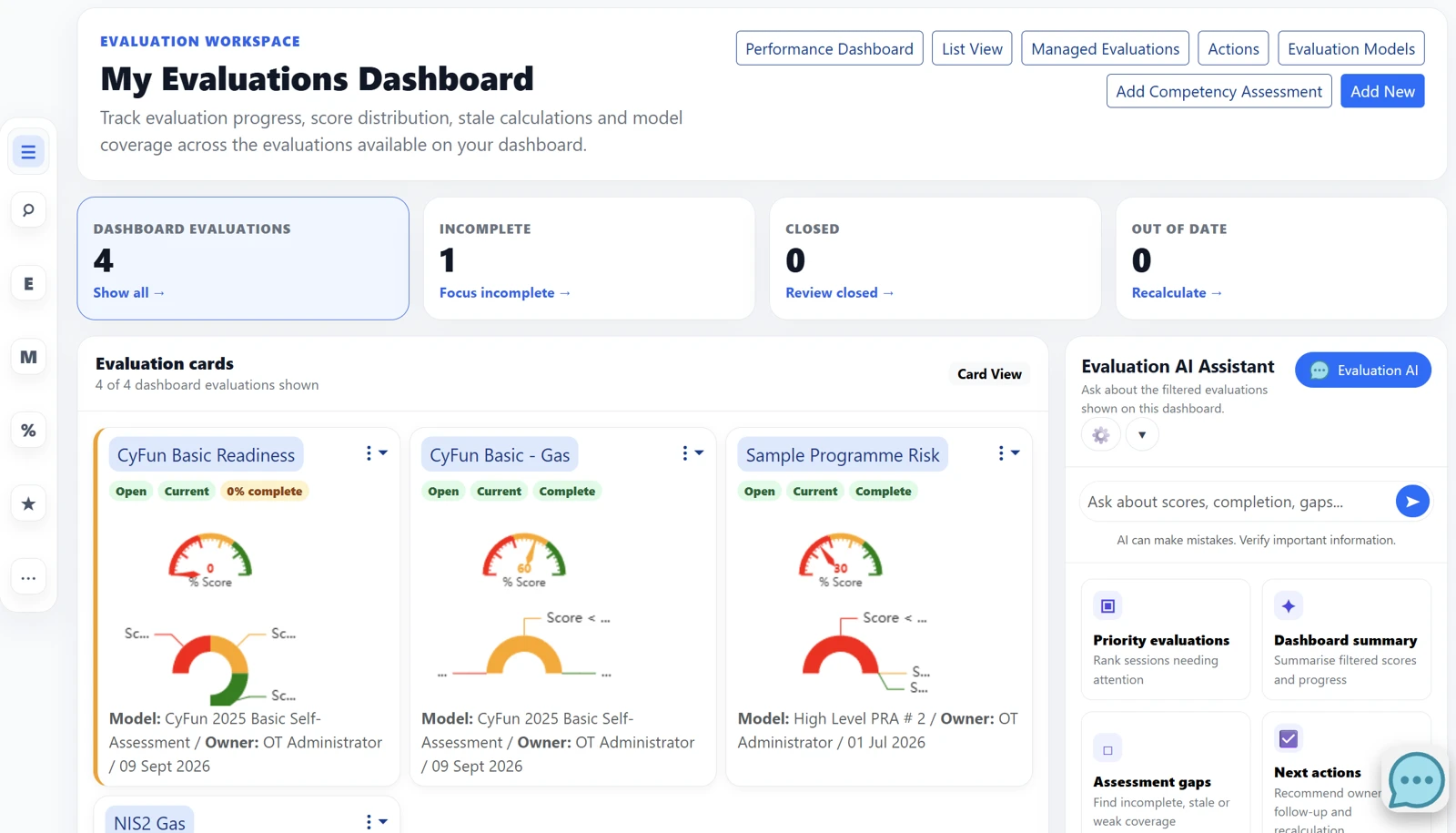 OptiToolkit evaluations dashboard with assessment cards and contextual AI assistant